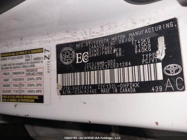 Aukcja sprzedaży 2007 Toyota Matrix Xr, vin: 2T1KR32E37C631284, numer aukcji: 12543153