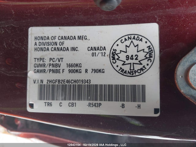 12543154 :رقم المزاد ، 2HGFB2E46CH019343 vin ، 2012 Honda Civic Lx مزاد بيع