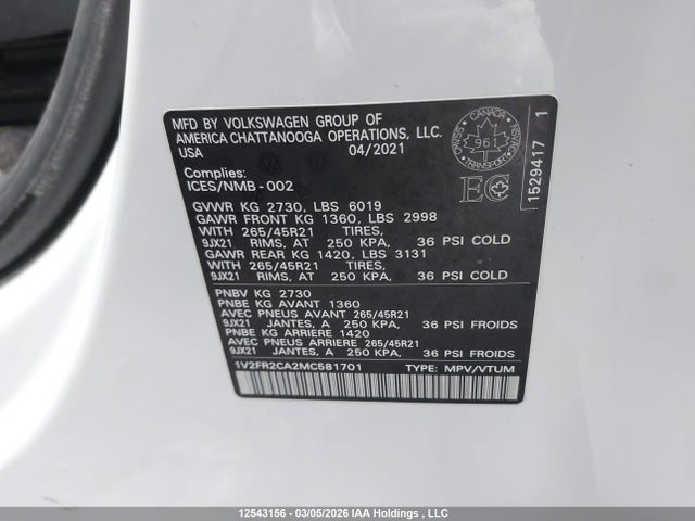 Aukcja sprzedaży 2021 Volkswagen Atlas, vin: 1V2FR2CA2MC581701, numer aukcji: 12543156