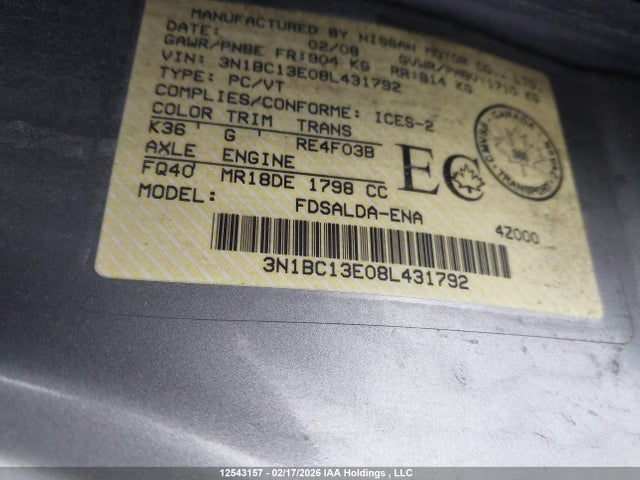 2008 Nissan Versa მანქანა იყიდება აუქციონზე, vin: 3N1BC13E08L431792, აუქციონის ნომერი: 12543157