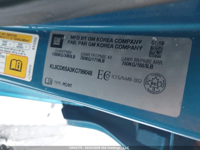 Продаж на аукціоні авто 2019 Chevrolet Spark 1lt Cvt, vin: KL8CD6SA3KC799048, номер лоту: 12543170