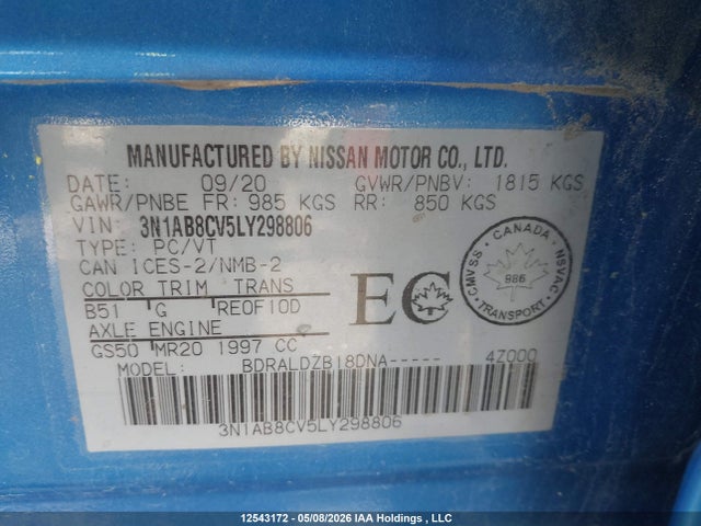 3N1AB8CV5LY298806 Nissan SENTRA SV