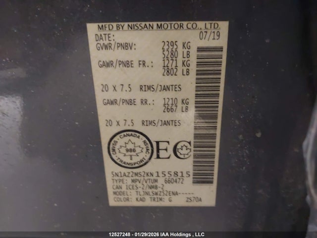 5N1AZ2MS2KN155815 Nissan Murano Platinum/sl/sv
