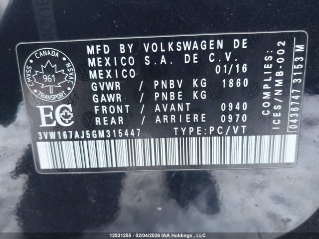 3VW167AJ5GM315447 Volkswagen Jetta 1.4 Tsi Trendline/1.4 Tsi Trendline+