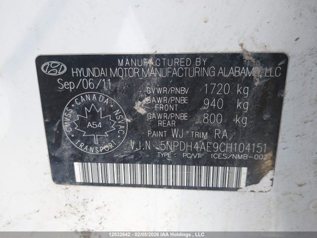 2012 Hyundai Elantra Gl მანქანა იყიდება აუქციონზე, vin: 5NPDH4AE9CH104151, აუქციონის ნომერი: 12532642