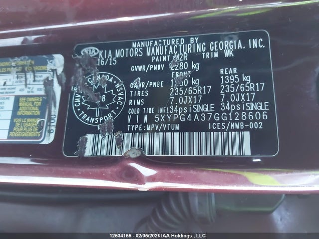 5XYPG4A37GG128606 KIA Sorento 2.4l Lx