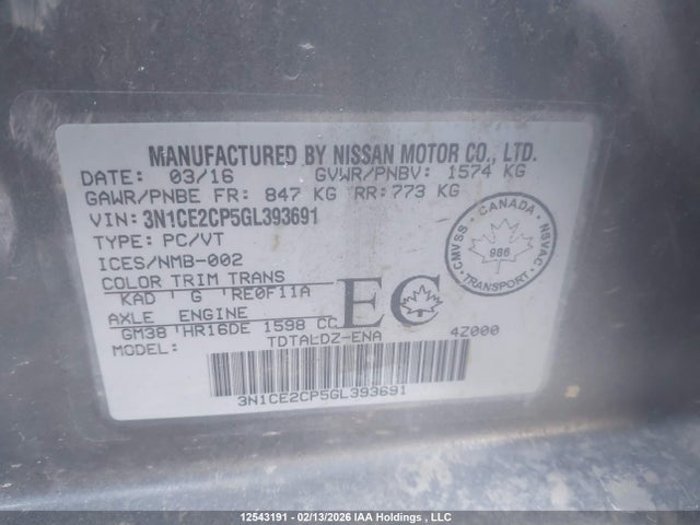 2016 Nissan Versa მანქანა იყიდება აუქციონზე, vin: 3N1CE2CP5GL393691, აუქციონის ნომერი: 12543191