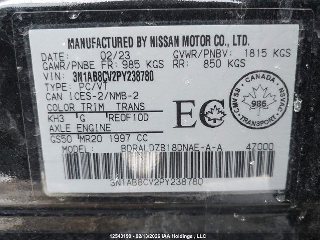12543199 :رقم المزاد ، 3N1AB8CV2PY238780 vin ، 2023 Nissan Sentra مزاد بيع