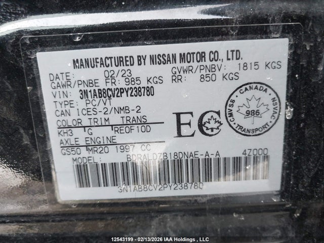 12543199 :رقم المزاد ، 3N1AB8CV2PY238780 vin ، 2023 Nissan Sentra مزاد بيع