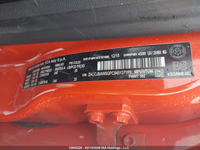 Продаж на аукціоні авто 2016 Jeep Renegade Sport, vin: ZACCJBAW9GPC94513, номер лоту: 12543220