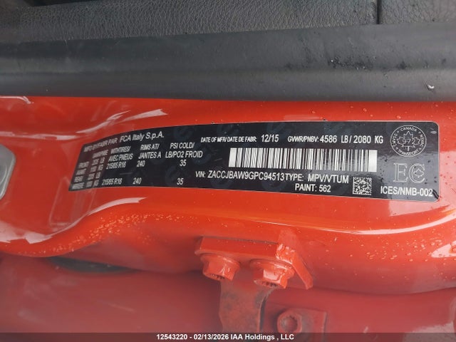 Продаж на аукціоні авто 2016 Jeep Renegade Sport, vin: ZACCJBAW9GPC94513, номер лоту: 12543220
