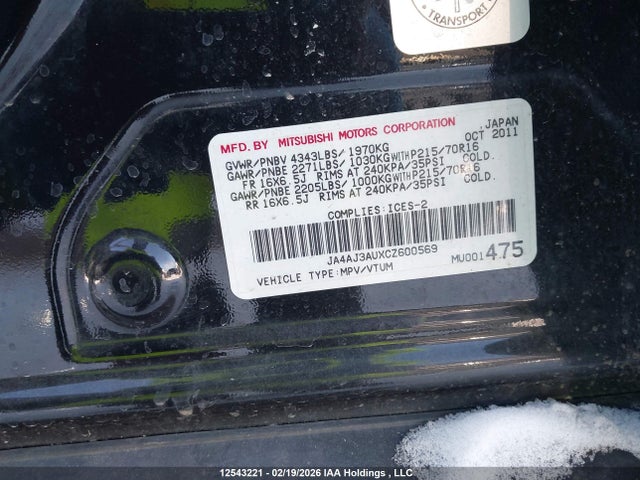 Aukcja sprzedaży 2012 Mitsubishi Rvr Se, vin: JA4AJ3AUXCZ600569, numer aukcji: 12543221