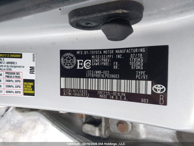 2020 Toyota Corolla მანქანა იყიდება აუქციონზე, vin: 5YFBPRBE9LP039603, აუქციონის ნომერი: 12543226