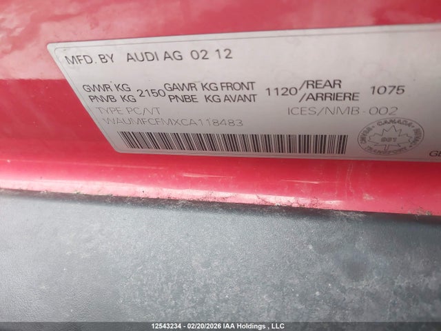 12543234 :رقم المزاد ، WAUMFCFMXCA118483 vin ، 2012 Audi A3 Premium Plus مزاد بيع
