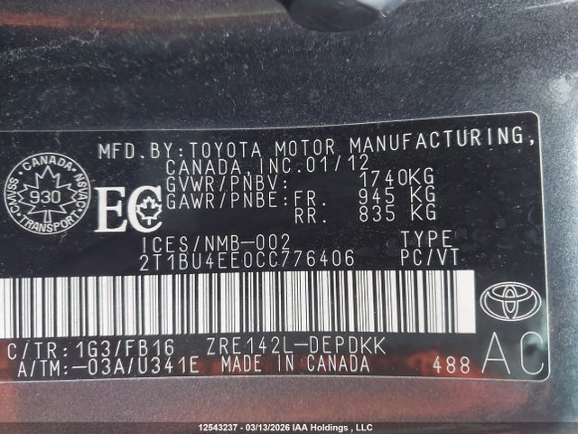 12543237 :رقم المزاد ، 2T1BU4EE0CC776406 vin ، 2012 Toyota Corolla S/le مزاد بيع