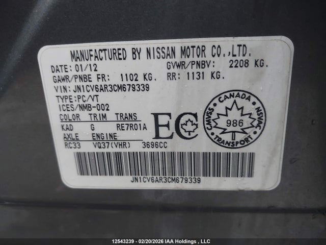 Aukcja sprzedaży 2012 Infiniti G37, vin: JN1CV6AR3CM679339, numer aukcji: 12543239
