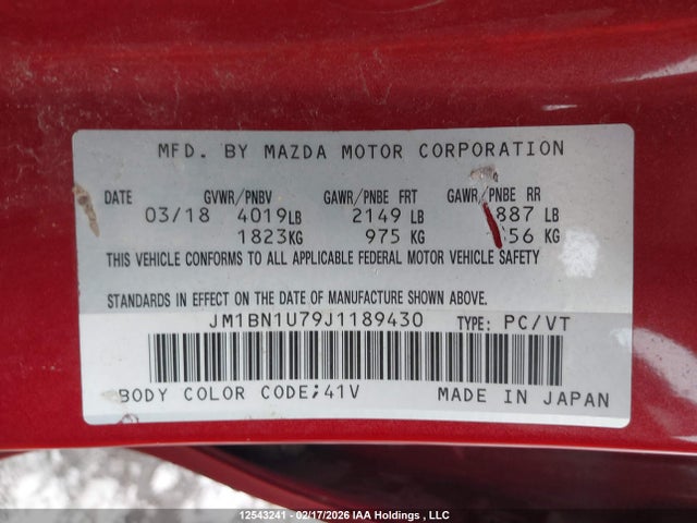 2018 Mazda Mazda3 მანქანა იყიდება აუქციონზე, vin: JM1BN1U79J1189430, აუქციონის ნომერი: 12543241