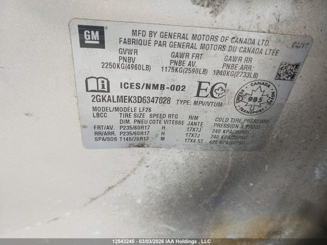 Aukcja sprzedaży 2013 Gmc Terrain Sle, vin: 2GKALMEK3D6347028, numer aukcji: 12543245
