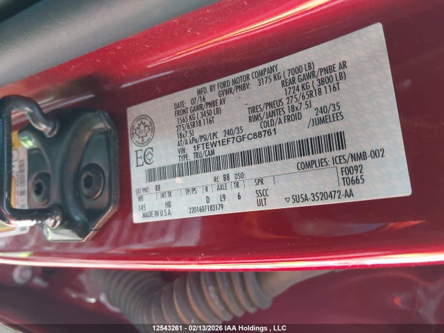 12543261 :رقم المزاد ، 1FTEW1EF7GFC88761 vin ، 2016 Ford F150 Supercrew مزاد بيع