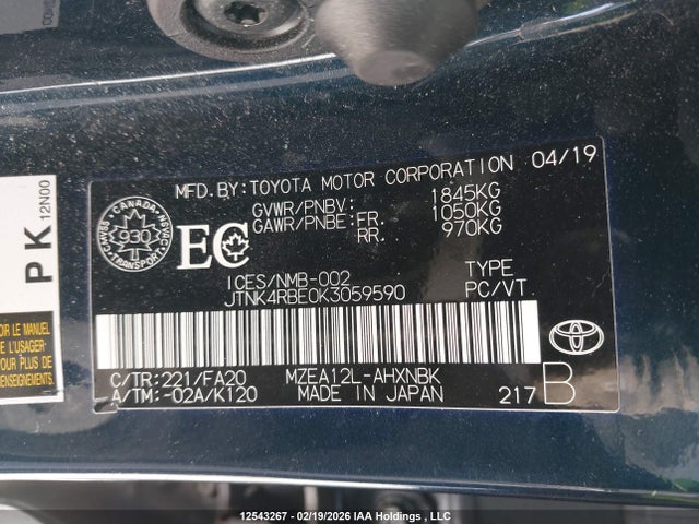 JTNK4RBE0K3059590 Toyota Corolla