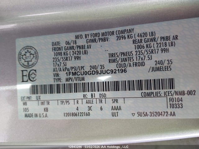 12543286 :رقم المزاد ، 1FMCU0GD9JUC92196 vin ، 2018 Ford Escape Se مزاد بيع