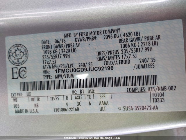 12543286 :رقم المزاد ، 1FMCU0GD9JUC92196 vin ، 2018 Ford Escape Se مزاد بيع