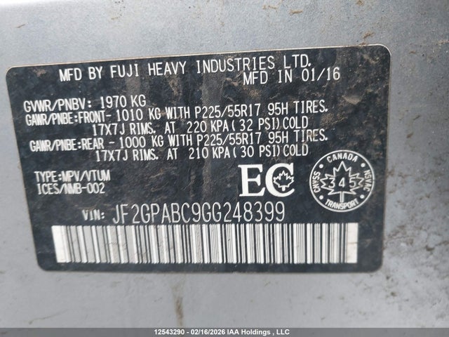 JF2GPABC9GG248399 Subaru Crosstrek Sport Package/touring Package