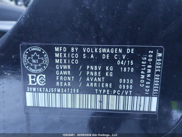 3VW1K7AJ5FM347258 Volkswagen Jetta 2.0l Trendline/2.0l Trendline+