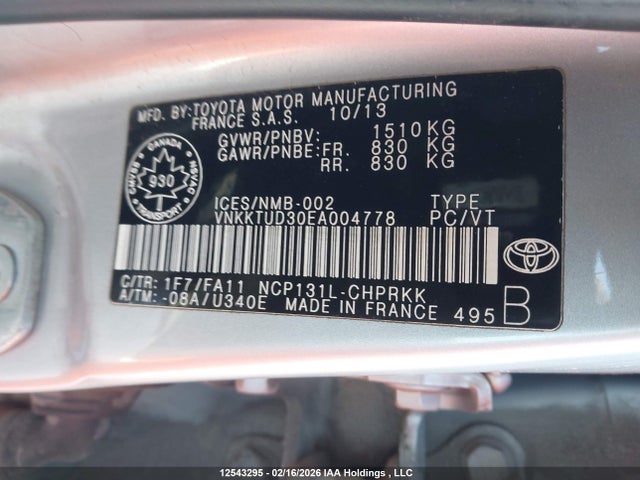 12543295 :رقم المزاد ، VNKKTUD30EA004778 vin ، 2014 Toyota Yaris Se مزاد بيع