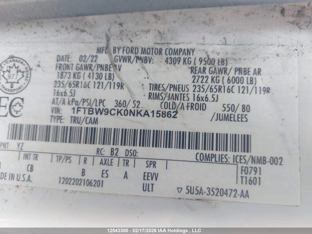 1FTBW9CK0NKA15862 Ford E-transit-350 Cargo