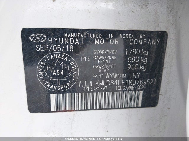 12543306 :رقم المزاد ، KMHD84LF1KU769521 vin ، 2019 Hyundai Elantra Sel/value/limited مزاد بيع