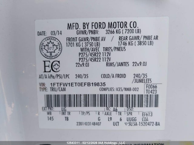 12543311 :رقم المزاد ، 1FTFW1ET0EFB19835 vin ، 2014 Ford F150 Supercrew مزاد بيع