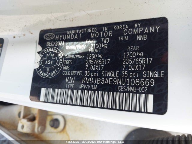 KM8JB3AE9NU108669 Hyundai Tucson Essential/preferred
