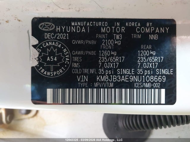 KM8JB3AE9NU108669 Hyundai Tucson Essential/preferred