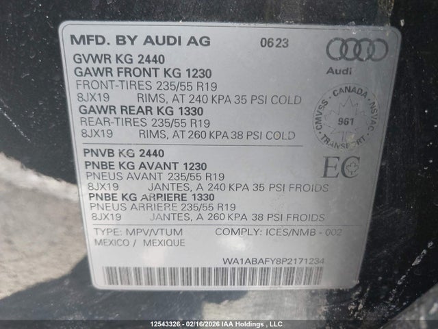 12543326 :رقم المزاد ، WA1ABAFY8P2171234 vin ، 2023 Audi Q5 40 Komfort مزاد بيع
