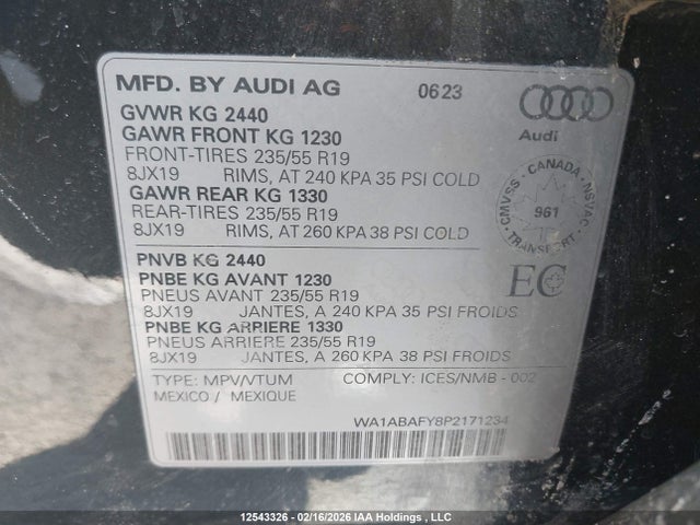 12543326 :رقم المزاد ، WA1ABAFY8P2171234 vin ، 2023 Audi Q5 40 Komfort مزاد بيع