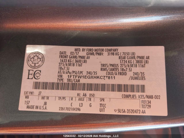 1FTFW1EGXHKC77811 Ford F-150 Xlt
