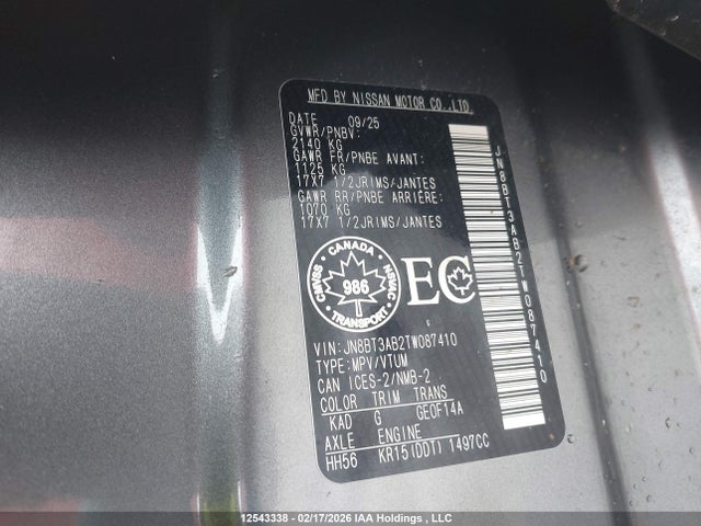 12543338 :رقم المزاد ، JN8BT3AB2TW087410 vin ، 2026 Nissan Rogue S مزاد بيع