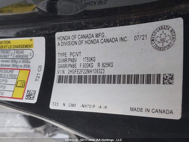 Продаж на аукціоні авто 2022 Honda Civic Lx, vin: 2HGFE2F22NH109323, номер лоту: 12543339