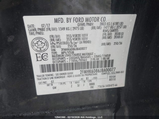 Продаж на аукціоні авто 2018 Ford Flex Limited, vin: 2FMHK6D86JBA00077, номер лоту: 12543360