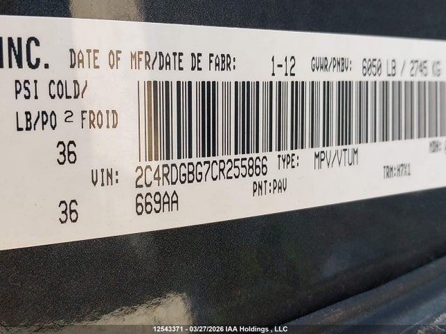 Aukcja sprzedaży 2012 Dodge Grand Caravan Se/sxt, vin: 2C4RDGBG7CR255866, numer aukcji: 12543371
