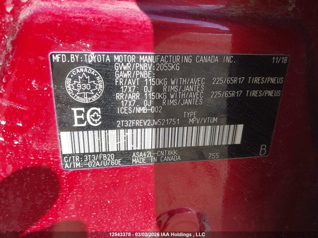 2T3ZFREV2JW521751 Toyota RAV4 LE
