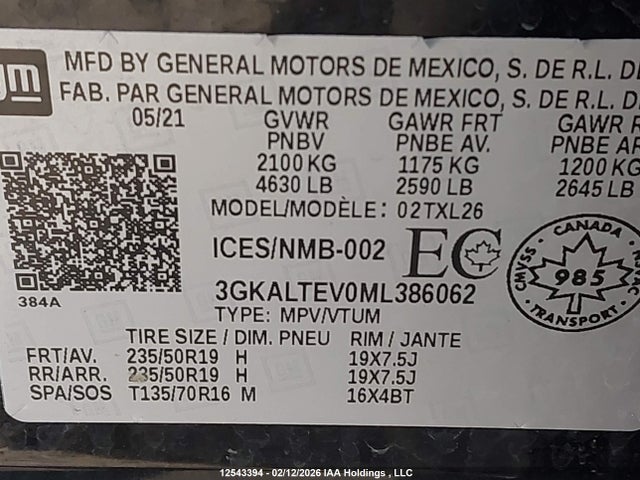 Aukcja sprzedaży 2021 Gmc Terrain Sle, vin: 3GKALTEV0ML386062, numer aukcji: 12543394