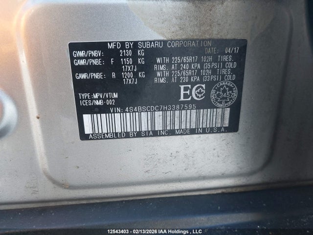 Aukcja sprzedaży 2017 Subaru Outback 2.5i Touring, vin: 4S4BSCDC7H3387595, numer aukcji: 12543403