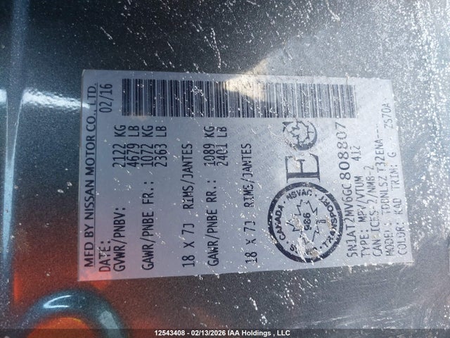 5N1AT2MV6GC808807 Nissan Rogue S/sl Premium/sv