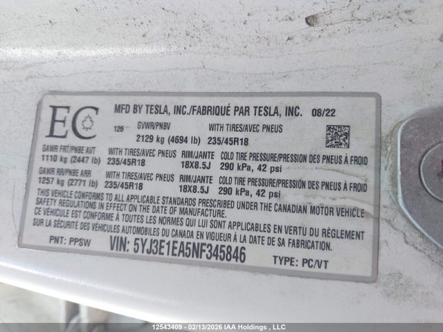5YJ3E1EA5NF345846 Tesla Model 3 Rwd/standard Range