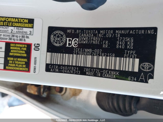 2T1BURHE7KC182158 Toyota COROLLA LE