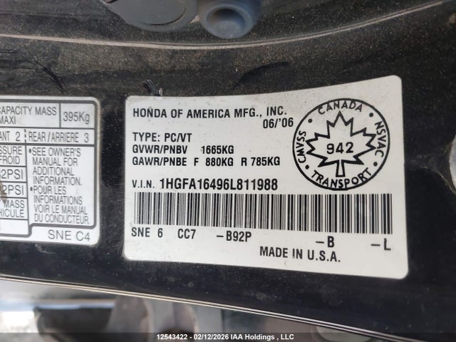 Продаж на аукціоні авто 2006 Honda Civic Lx, vin: 1HGFA16496L811988, номер лоту: 12543422