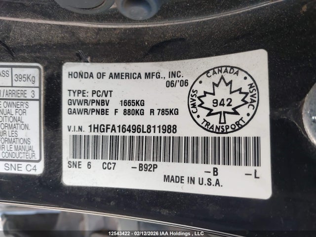 Продаж на аукціоні авто 2006 Honda Civic Lx, vin: 1HGFA16496L811988, номер лоту: 12543422