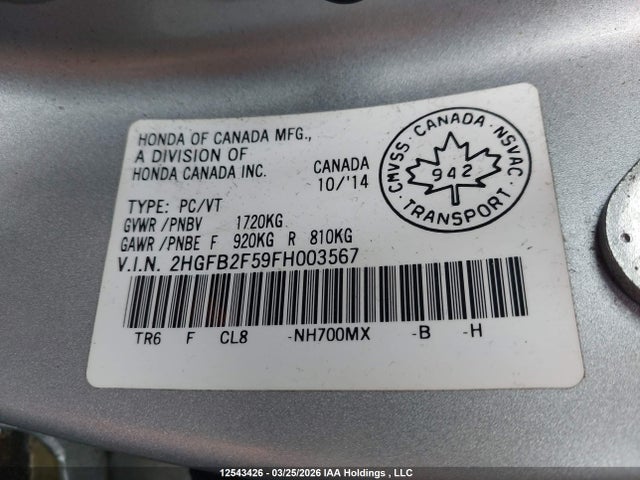 Продажа на аукционе авто 2015 Honda Civic Ex, vin: 2HGFB2F59FH003567, номер лота: 12543426